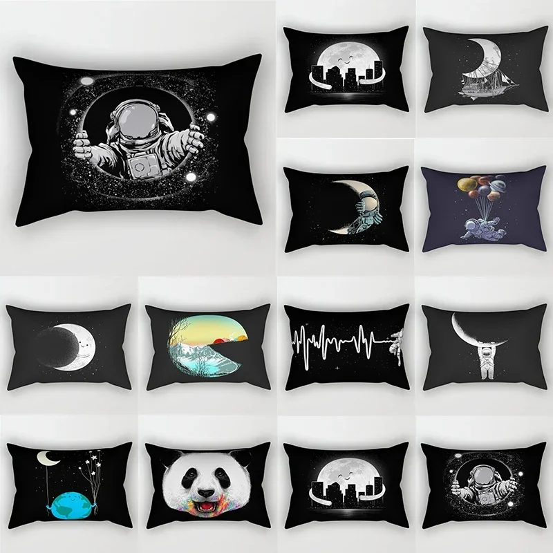 30x50cm Black Spaceman Polyester Cushion Cover Waist Throw Pillowcase Astronaut Moon Panda Pillow Case Room Home Decoration