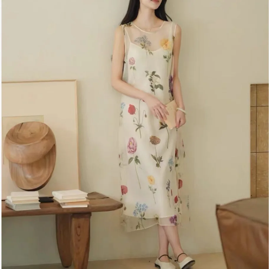 

Withered Summer New Elegant And Gentle Style Mulberry Silk Organza Printed Dress Party Dresses Vestidos Women's Dress