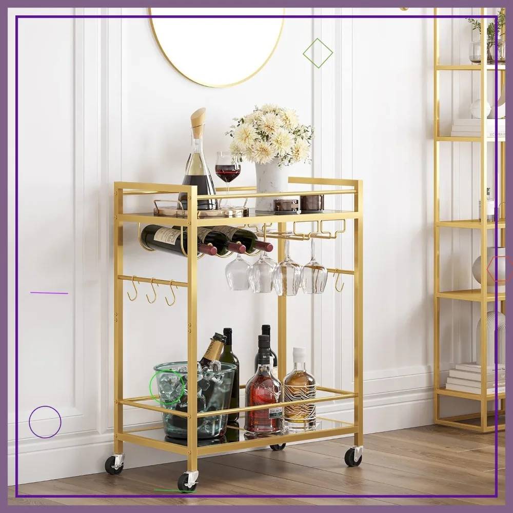 

Gold Rolling Bar Cart with Wine Rack, Glass Holder, and Brakes for Home Kitchen or Living Room