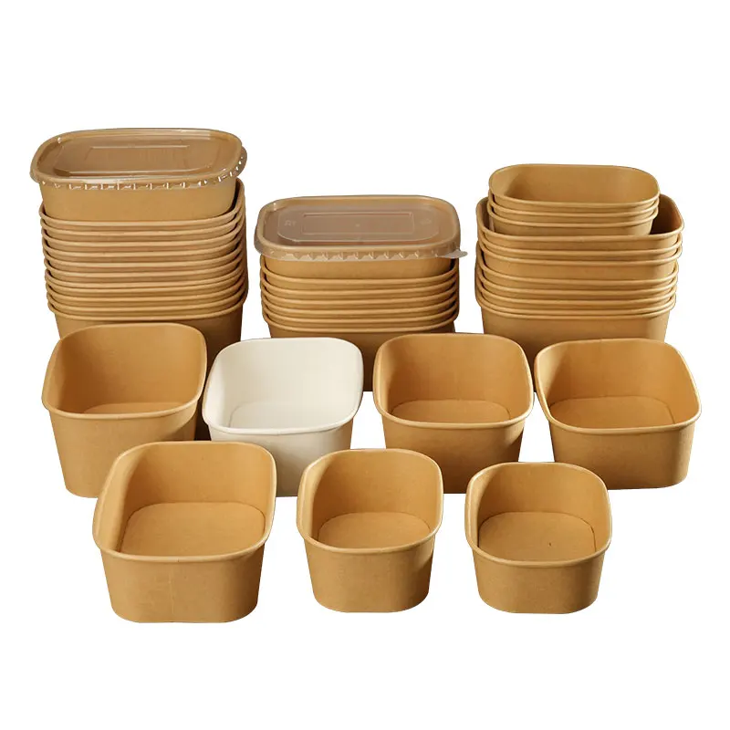 Cuencos cuadrados de papel Kraft con tapas, fiambrera desechable, contenedores de alimentos para llevar para sopa, ensalada y fideos, 500/650/750/1000ML, 25 uds.