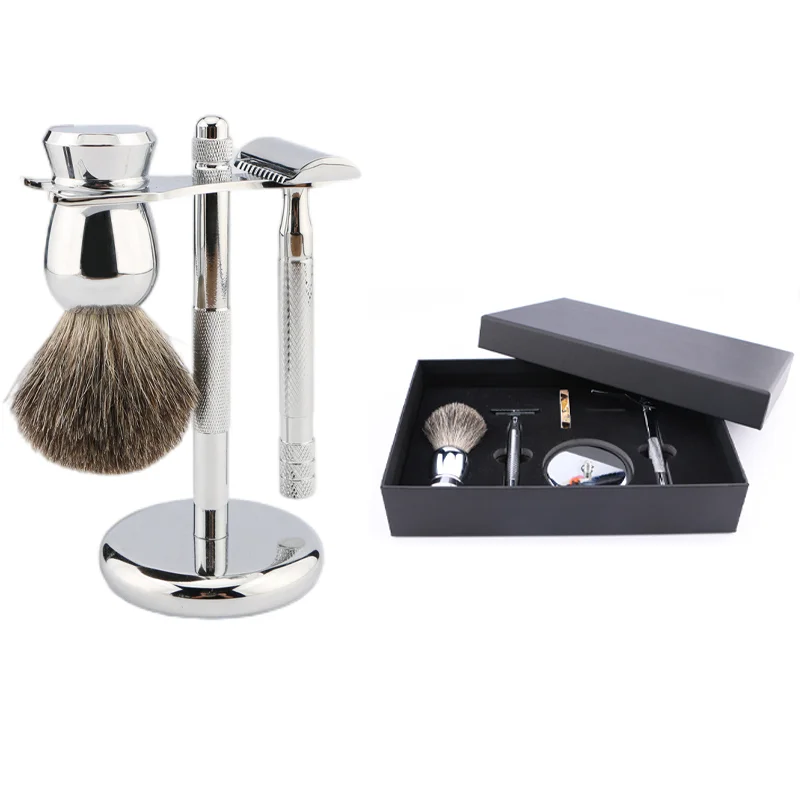 Men's Razor Set Limited Edition Luxury Shaving Kit for Men Stainless Steel Shaver Brush & Safety Razor Holder Set with Gift Box