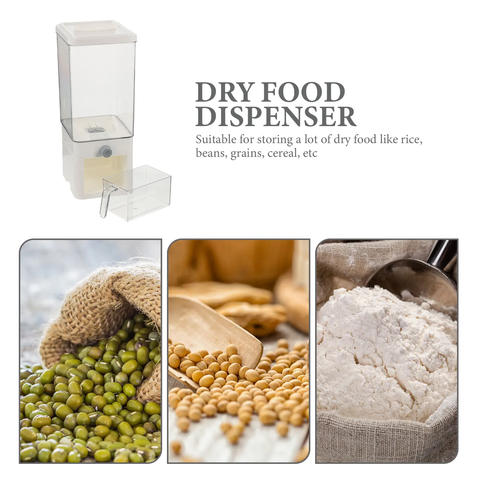

Rice Dispenser Container Cereal Bucket White Storage Large Opening Easy Use Measuring Cup Dry Food Kitchen PET PP Material