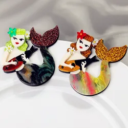 New Glitter Mermaid Music Acrylic Brooches Pins for Women 2-Color Cartoon Flowers Beauty Fish Figure Badges Jewelry Accessories