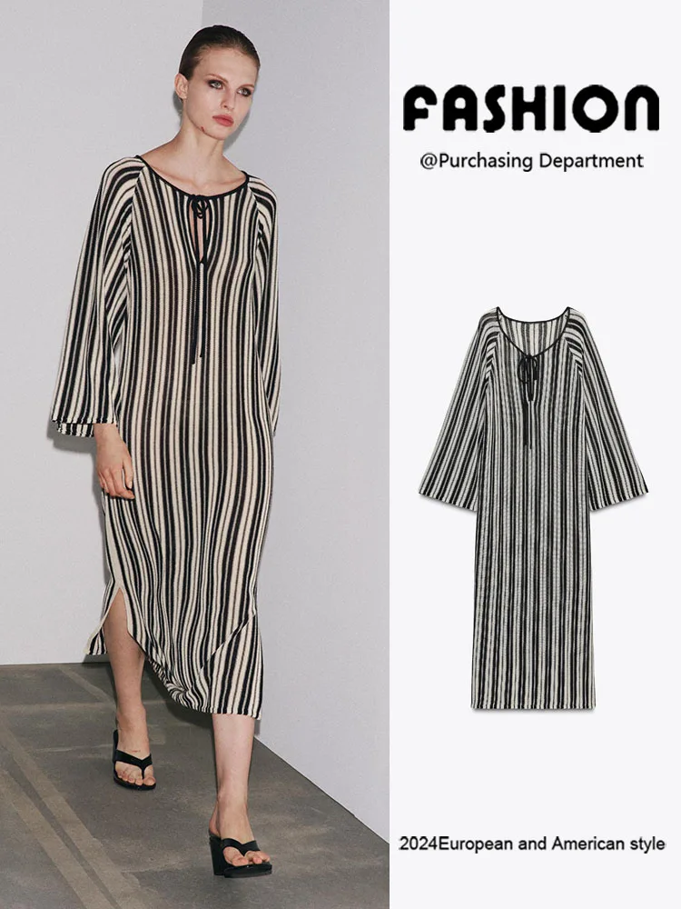 Vestido de Punto a Rayas con Cuello en V y Manga Larga, Nuevo Modelo Otoño 2025, E y con Personalidad para Mujer