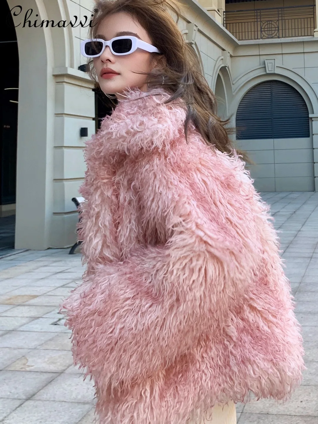 Autumn Winter New Heavy Powder-Dyed Pointed Collar Fur Jackets High-End Fashion Imitation Beach Wool Loose Warm Coat for Women