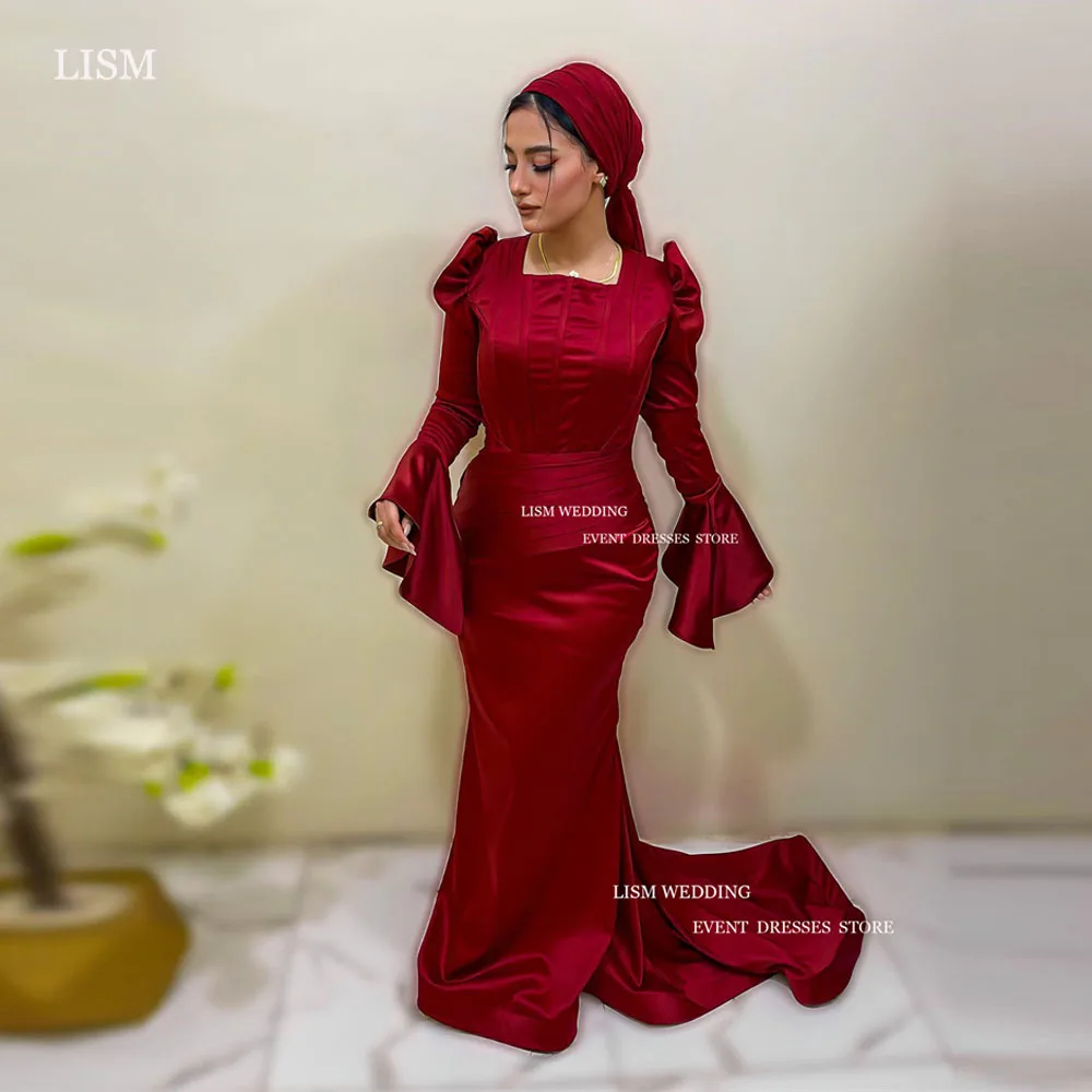 

LISM Modest Red Satin Muslim Mermaid Evening Dresses Saudi Arabic Women Long Sleeves Square Collar Formal Occasion Dress Custom