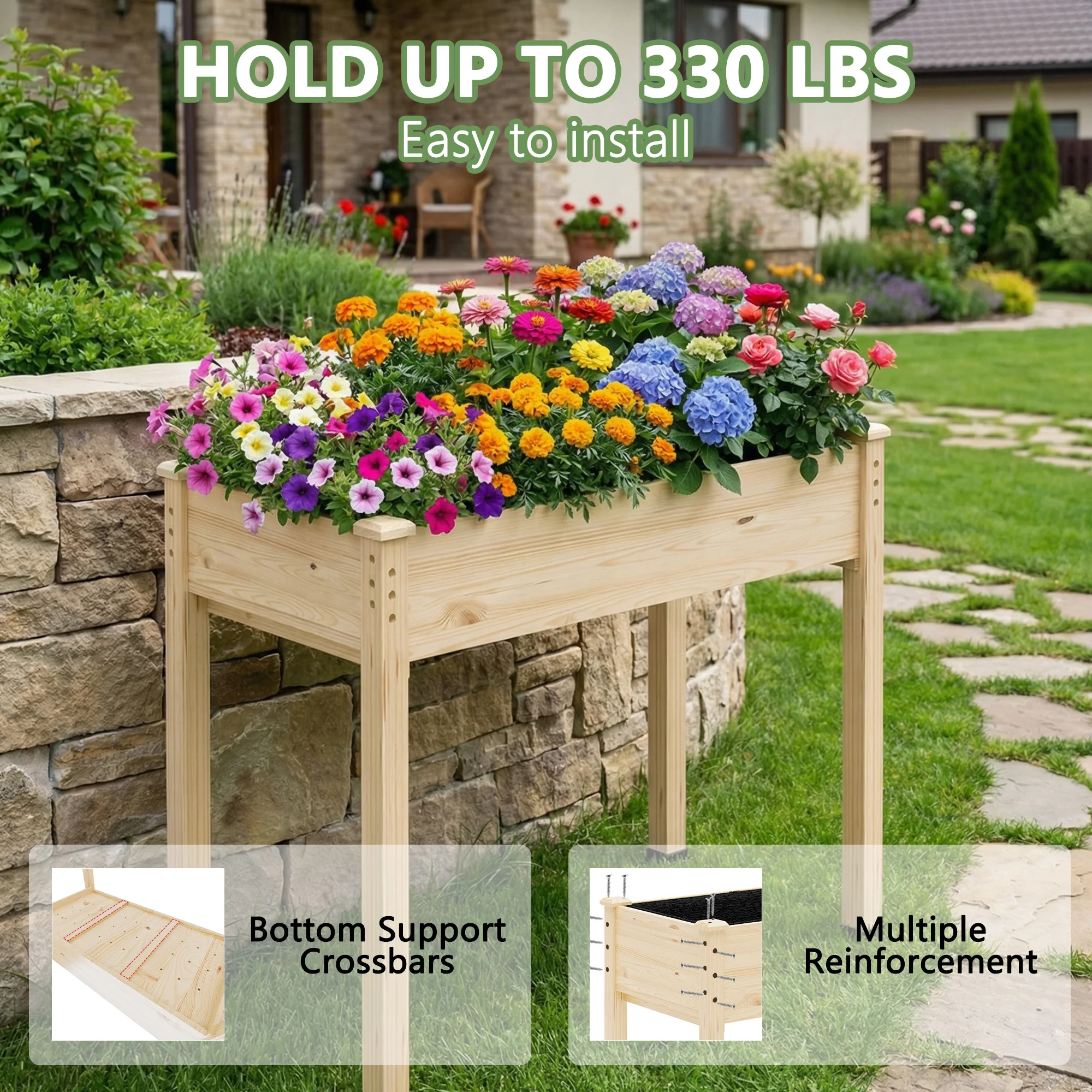 

34x18x30 Inch Two-Tier Wooden Elevated Garden Bed with Legs Drainage 330lb Capacity Waterproof for Outdoor Planting