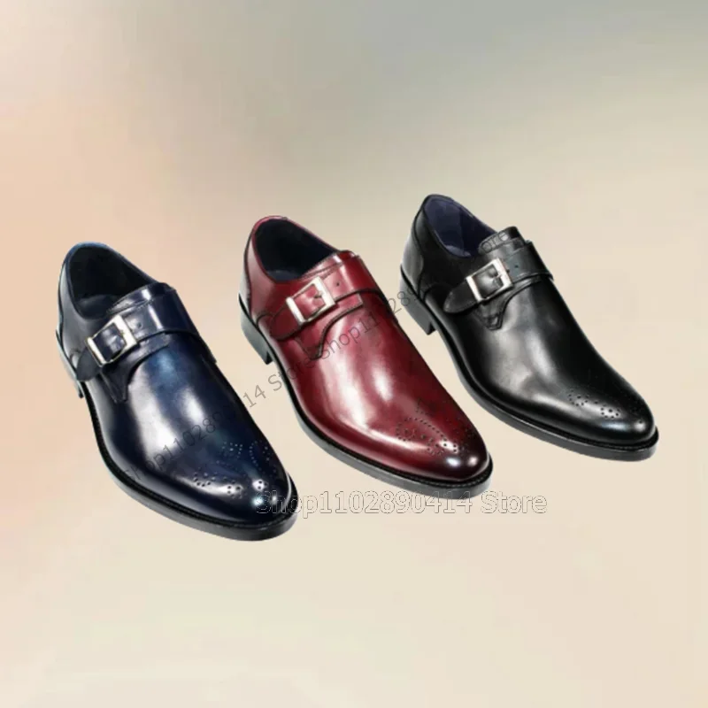

Red Black Blue Buckle Decor Carving Design Men Shoes Fashion Slip On Male Shoes Luxurious Handmade Party Office Men Dress Shoes