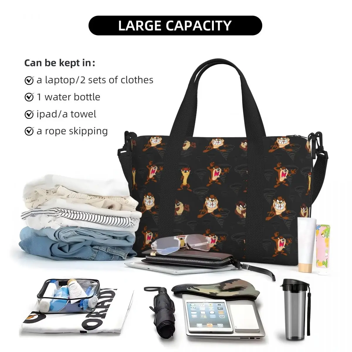 مخصص تسمانيا الشياطين حمل حقيبة المرأة سعة كبيرة أنيمي رياضة حقائب السفر الشاطئ #5