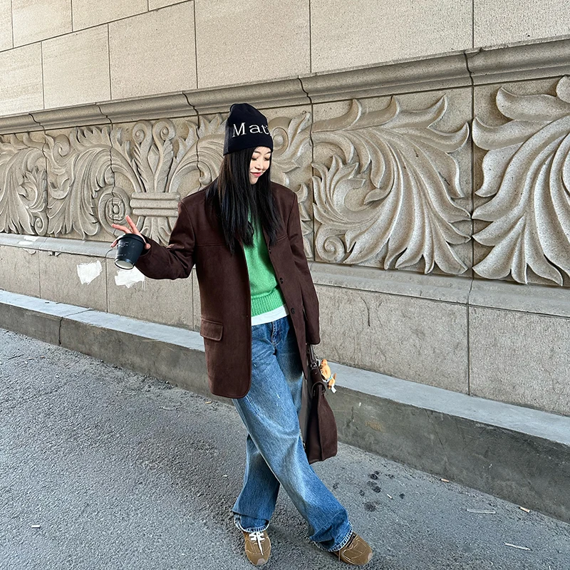 

Deep Color Suede Jaet Women's Casual Versatile Autumn Winter Faion Retro Sle Long Sve Color Coat