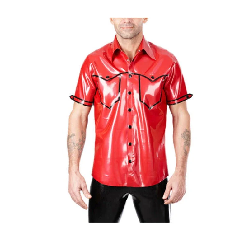 100% Handmade Color Match Latex Men's Top T-Shirt Male Gummi Rubber Red with Black Trims Basic Fashion Custom