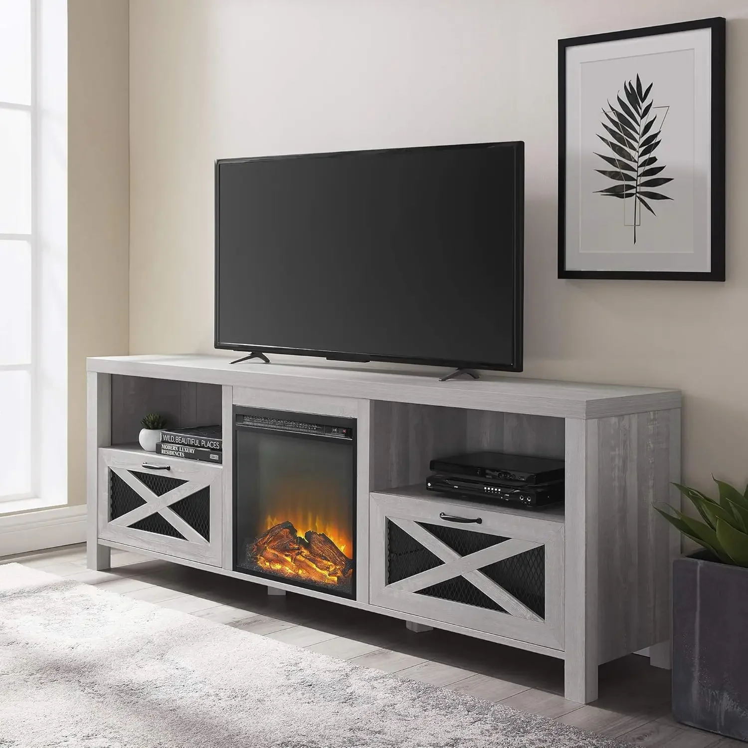 

Drawer Metal Mesh and Wood Fireplace TV Stand for TVs up to 80 Inches, 70 Inch, Stone Grey