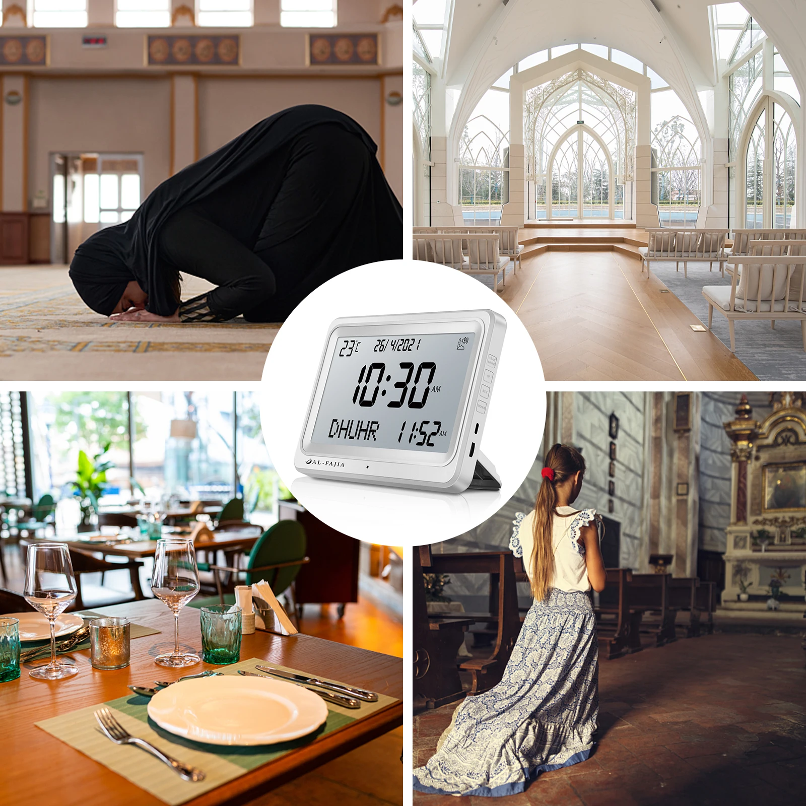 ساعة رقمية إسلامية منبه أذان ساعة طاولة أوقات الصلاة الفجر ديكور متعدد الوظائف