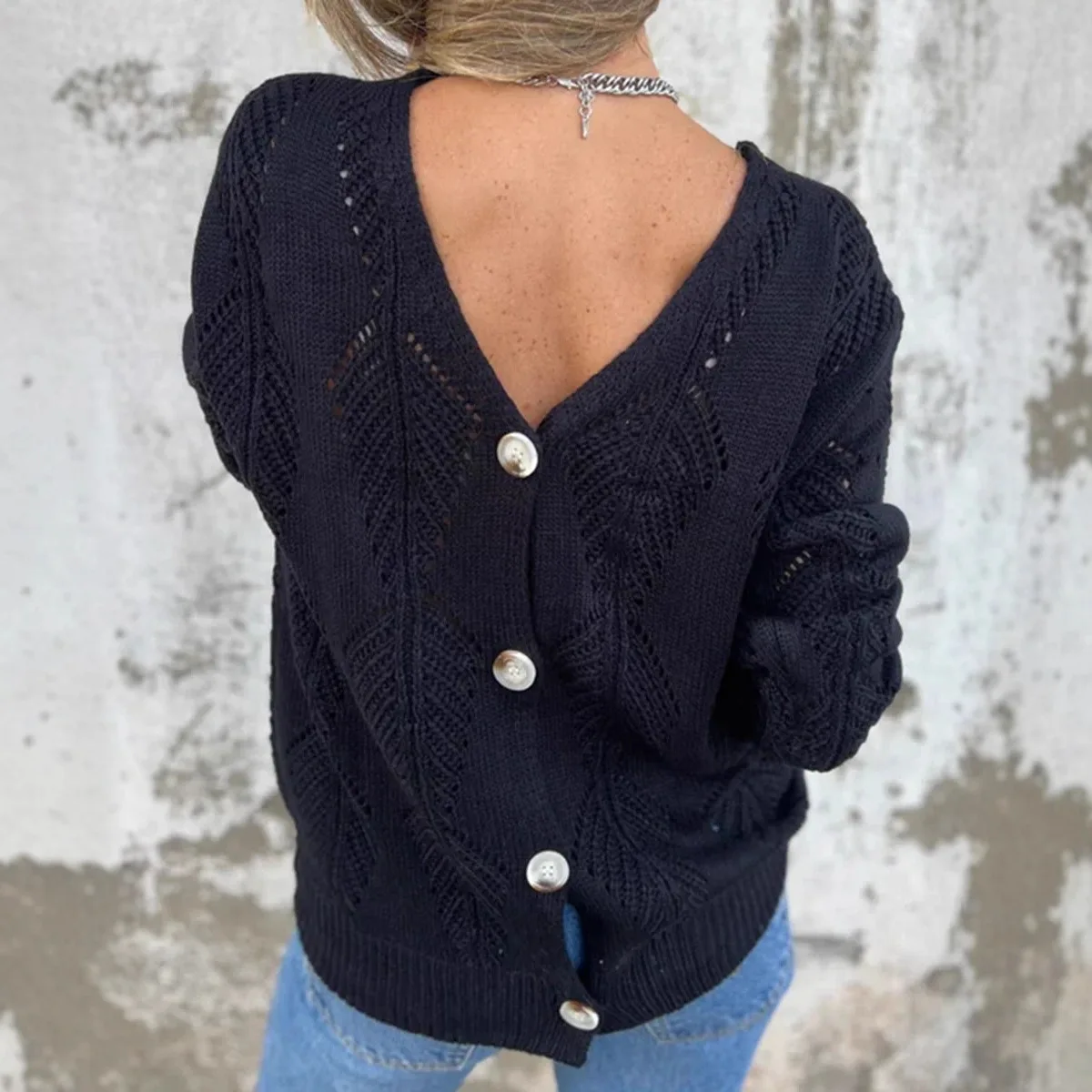 2025, hohler Blatt-Strickpullover mit V-Ausschnitt und langen Ärmeln für Damen, lockere Passform, Herbst-Winter, wendbar