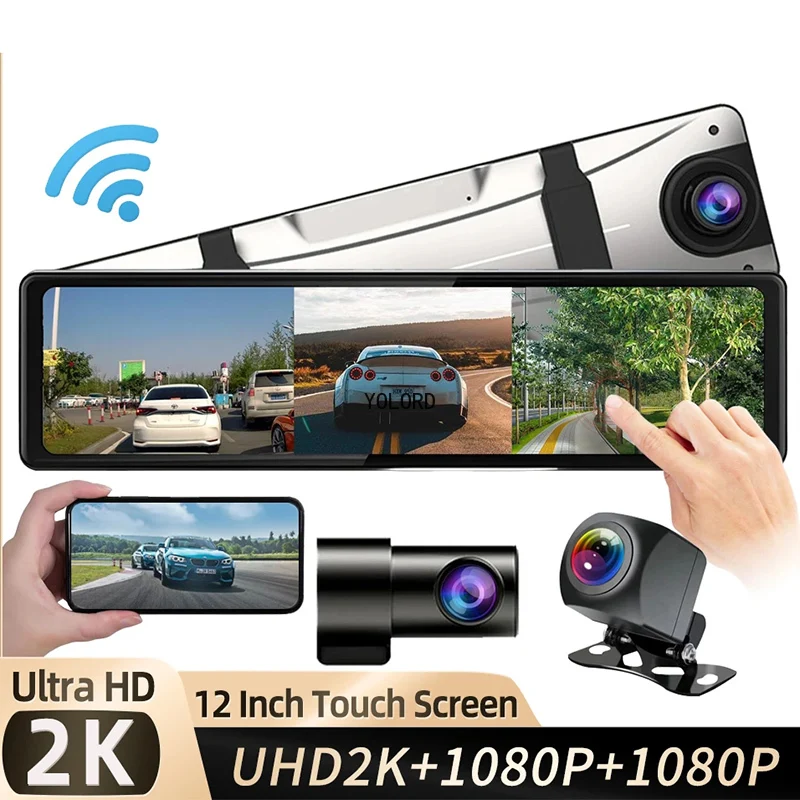 Dash Cam Mirror 12 Inch Touch Screen QHD 2K 3-Lens Video Recorder Rearview Mirror 3 Channel WiFi Car DVR Mirror DVR Black Box