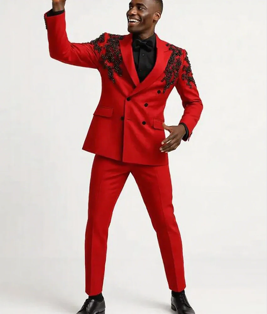 

Graceful Crystals Beaded Suits Men For Wedding Red Breasted Jacket Pants 2-piece Men's Suit prom dresses Celebrity Gowns
