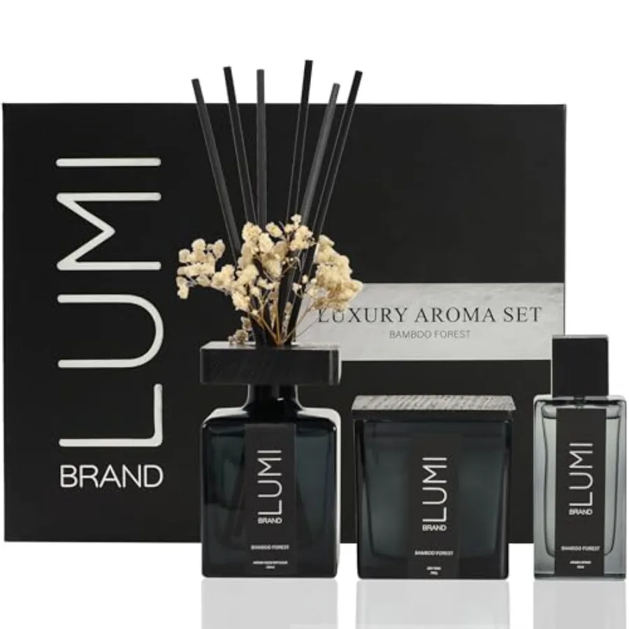 

Luxury Aroma Gift Set - Reed Diffuser 200ml Wood Wick Soy Candle (200g) Room Spray (50ml) Includes Dried Flowers and 8 Reeds Lu
