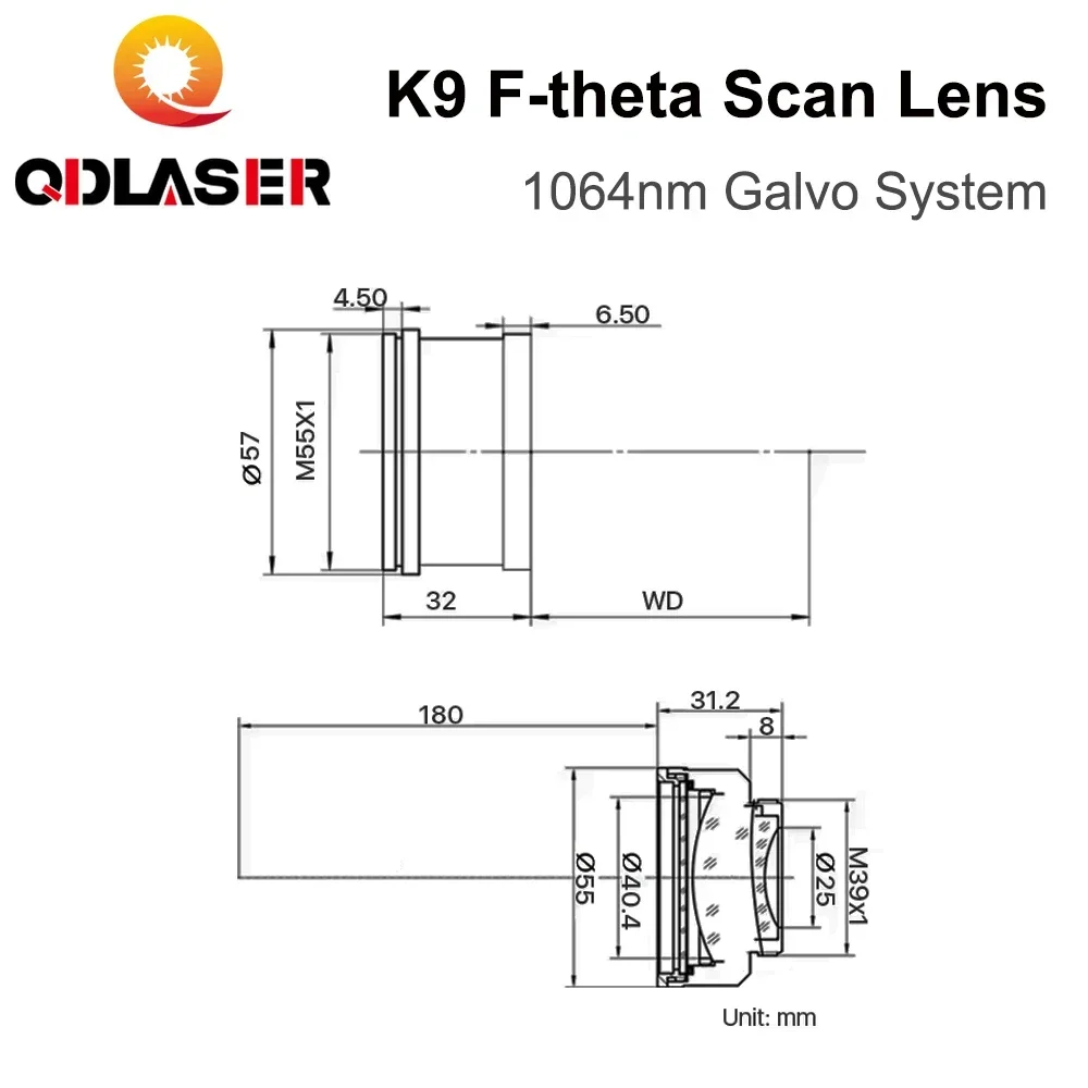 QDLASER K9 F-theta Scan Lens Thread M39 & M55 1064nm Galvo System for 1064nm YAG Optical Fiber Laser Marking Machine Parts
