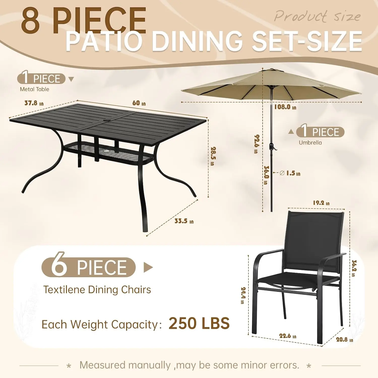 8 - Piece Outdoor Dining Set, Patio Furniture Set with 6 Textilene Dinning Chairs, 1 Rectangle Metal Table and 1 Brown 9Ft Patio