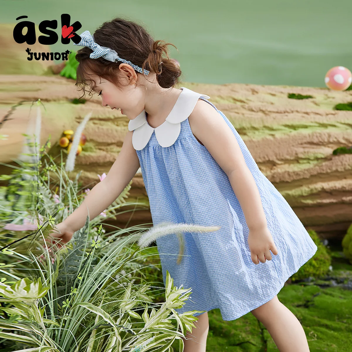 فستان ASK JUNIOR للفتيات الصيفي الرقيق للأطفال بياقة بتلة منقوش بدون أكمام