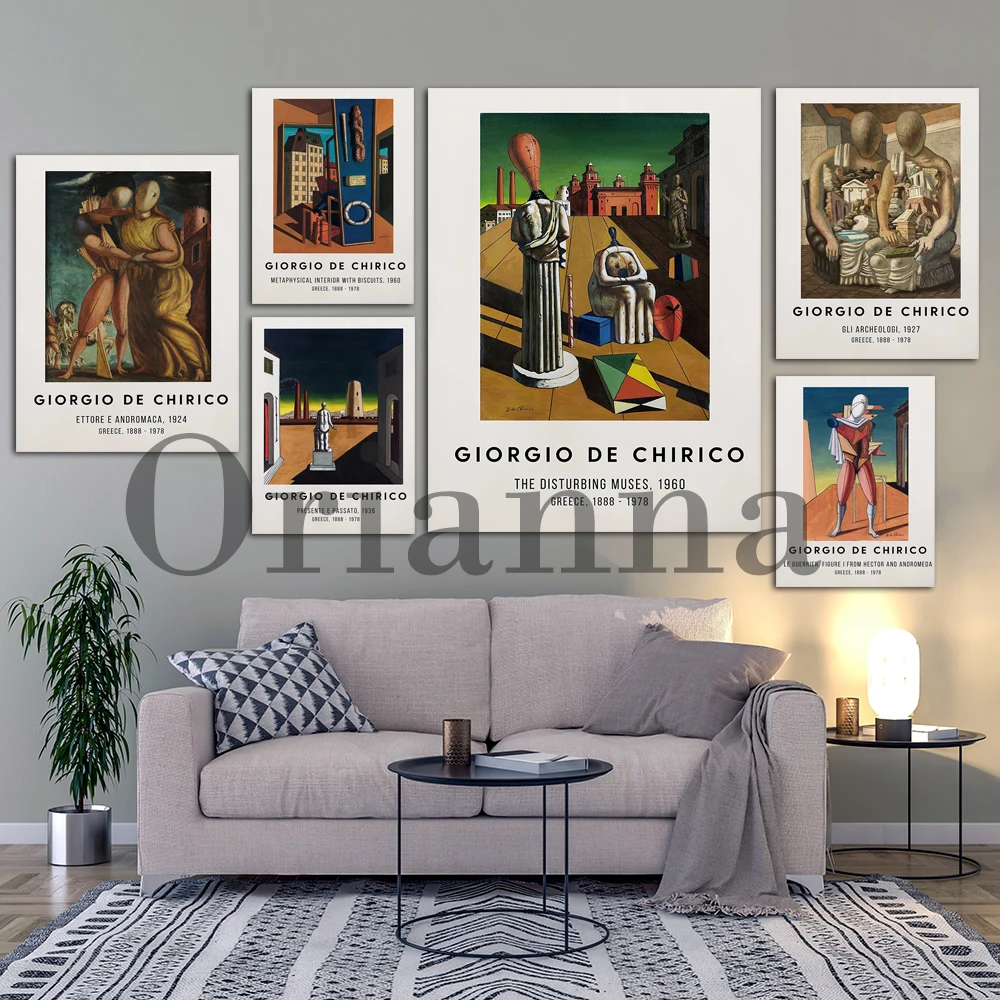 Giorgio De Chirico Vintage Exhibition Poster -Piazza D'Italia Con Statua, Giorgio De Chirico Abstract Home Decor Print Wall Art