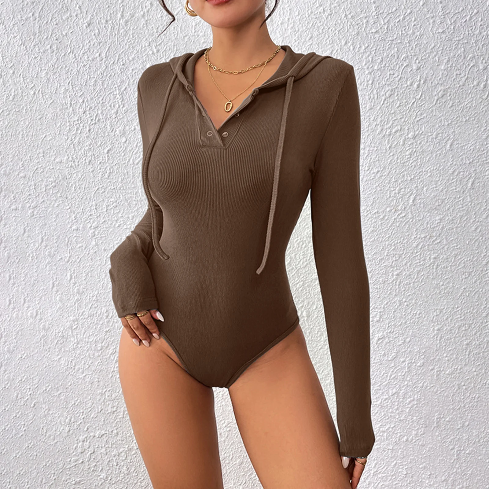 

Women's Fashion Casual Slim Fit Hooded Knitted Long Sleeve Striped Bodysuit,Autumn Sexy Hooded Romper One Pieces Bodycon Catsuit