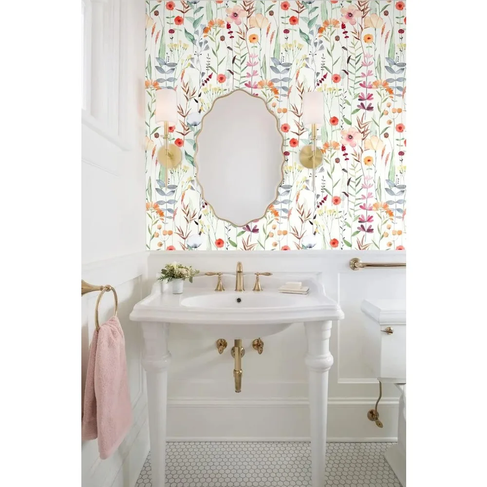 ورق جدران بألوان مائية قابل للإزالة مع أوراق طازجة وزهور متعددة الألوان قابلة للتقشير واللصق للجدران