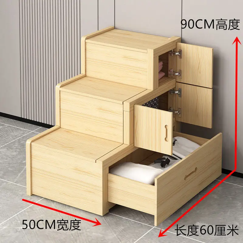 Solid Wood Ladder Stool Cabinet with Drawer Storage for Balcony Bedside