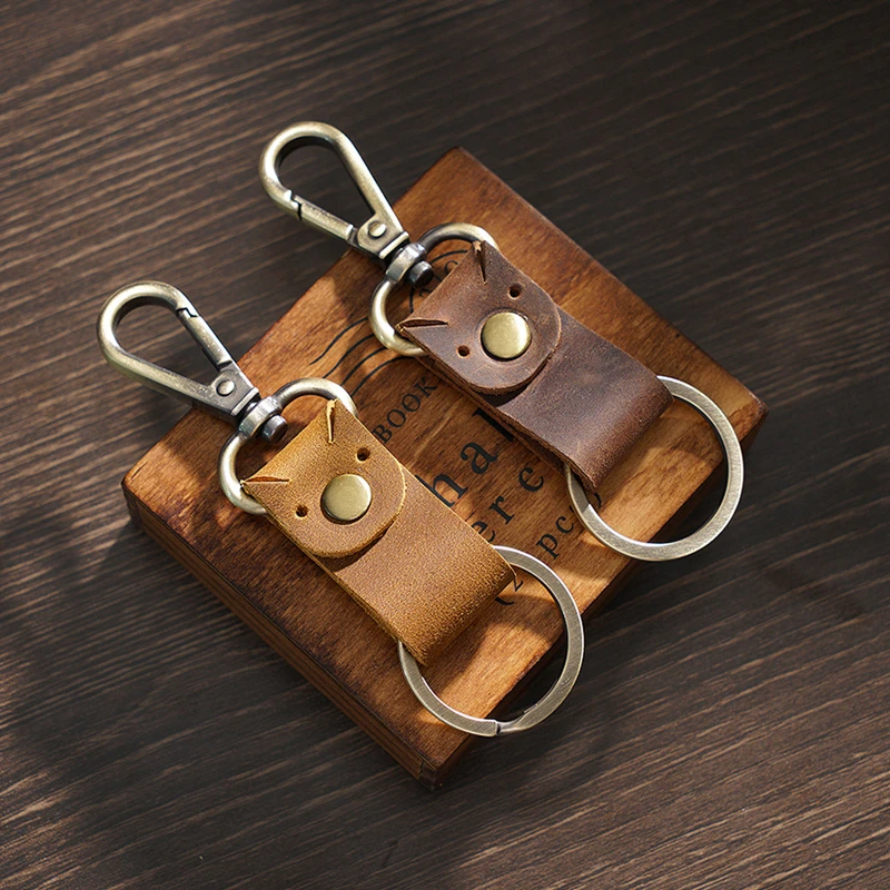 Retro Genuine Leather Handmade Keychain Wear-resistant Cowhide Key Loop For Men Gift Pure Color Buckle