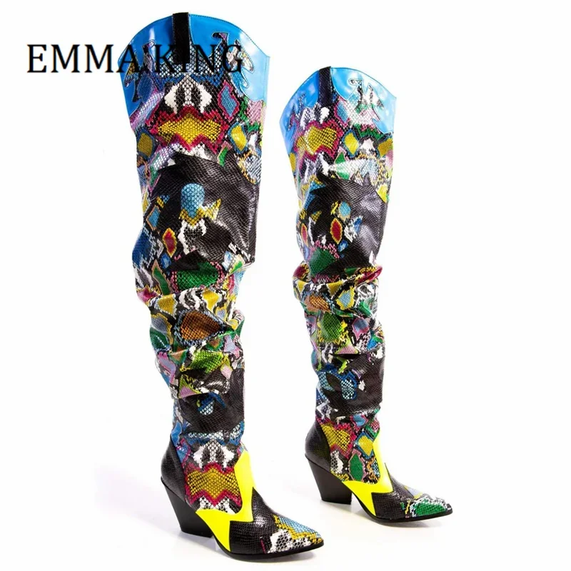 النساء حذاء بكعب سميك فوق الركبة الأحذية النمط الغربي أشار تو جلد الثعبان الفخذ عالية التمهيد السيدات الشتاء Botines Mujer بوتاس