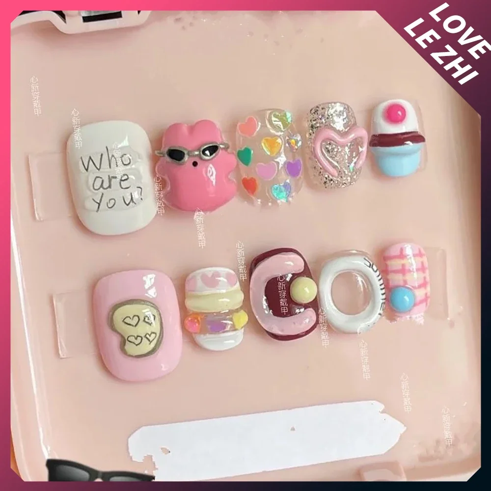 Diy Short Round Creativity Funny Fashion Press On Nails Spider Glasses Silver Five-Pointed Star Cute Cat Handmade Nails Gift