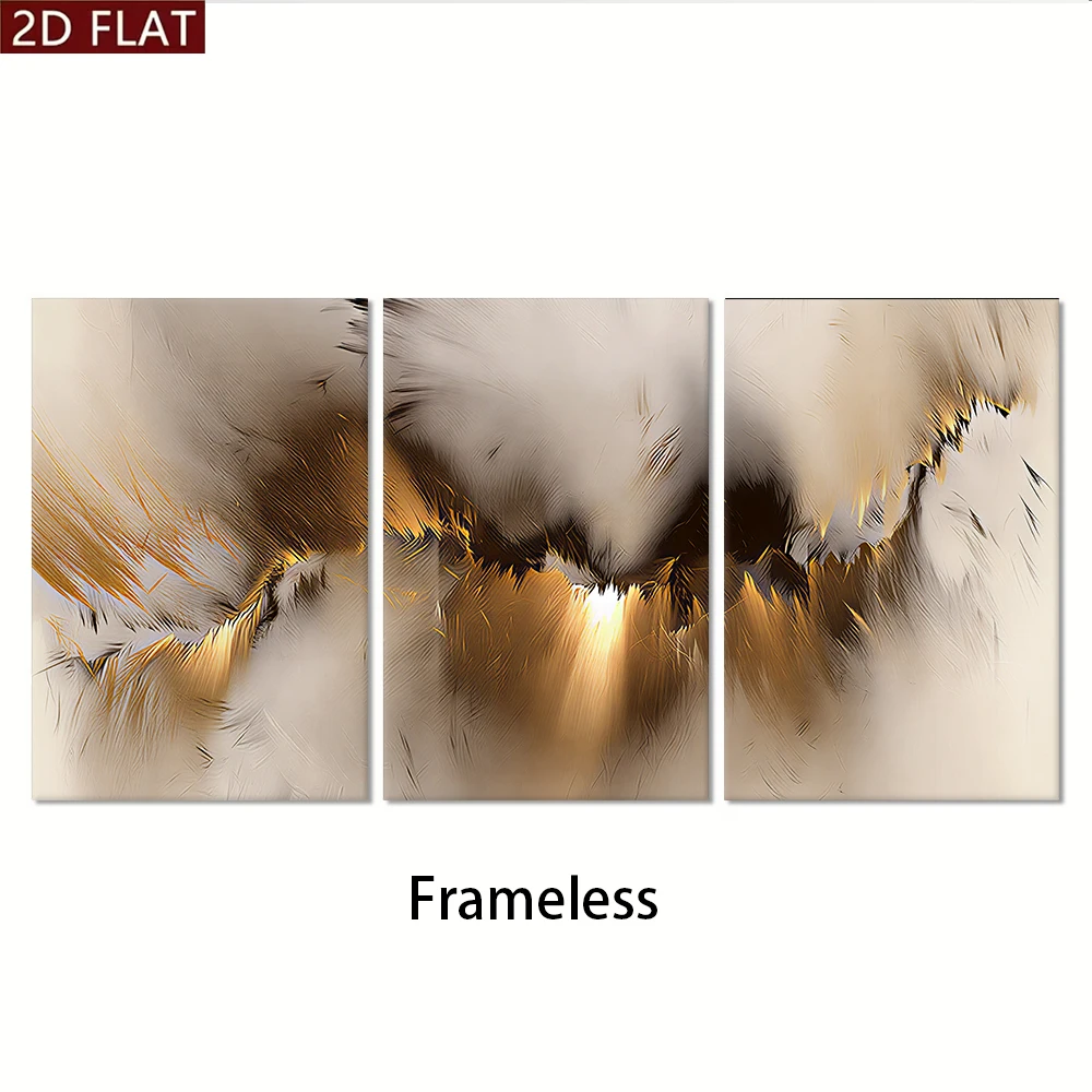 3PCS Frameless,1 set of abstract gold brown light luxury style frameless modern minimalist living room triple decoration paintin