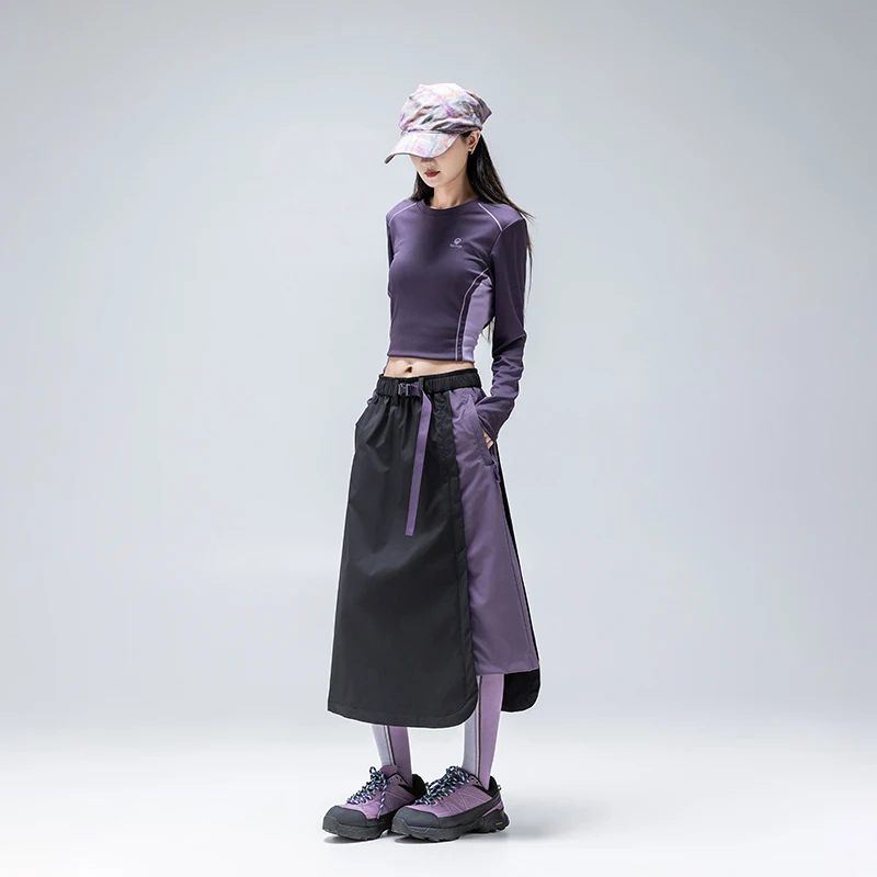 Women Fashion Outdoor Color Block Skirt Elastic Waist with Adjustable Belt Mid-calf Skirts Waterproof Functional Hiking Skirt