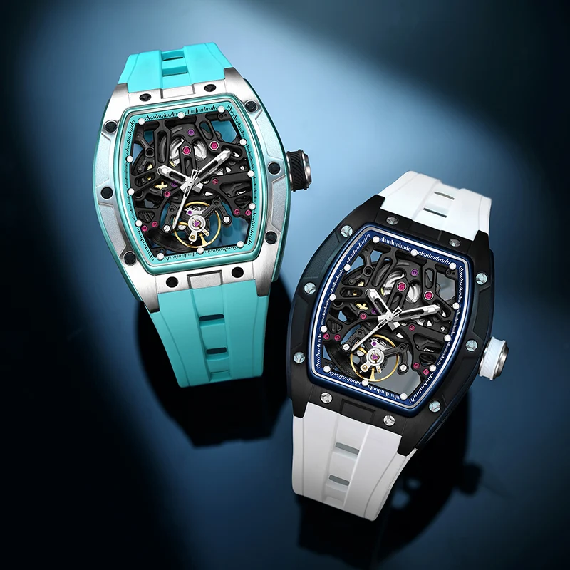 

CHANCE 9-198G-1 Wholesale Sky Blue Mechanical Watches Steel Case Tourbillon Automatic Watches Luxury Hollow Dial Watch for Men