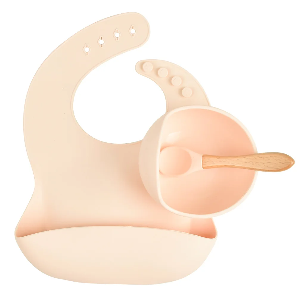 4Pcs/Set Food Grade Silicone Child Dish Set Baby Feeding Bowl Suction Plate Straw Cup Wooden Spoon Fork for Kid Tableware Dishes