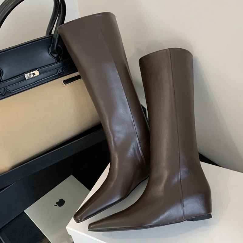 Eilyken Soft Leather Pointed Toe Women Knee High Boots Fashion Wedges Low Heels Ladies Shoes Long Booties Zapatos De Mujer