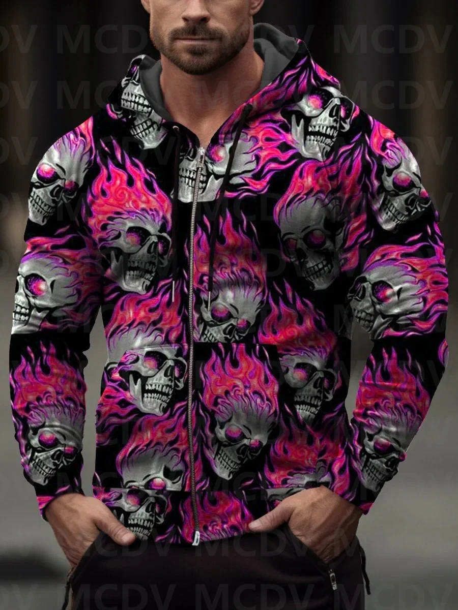 Men's Multicolor Selection Ghost Skul Casual Print Leaf Zip-Up Hoodie Halloween Zippper Hoodies