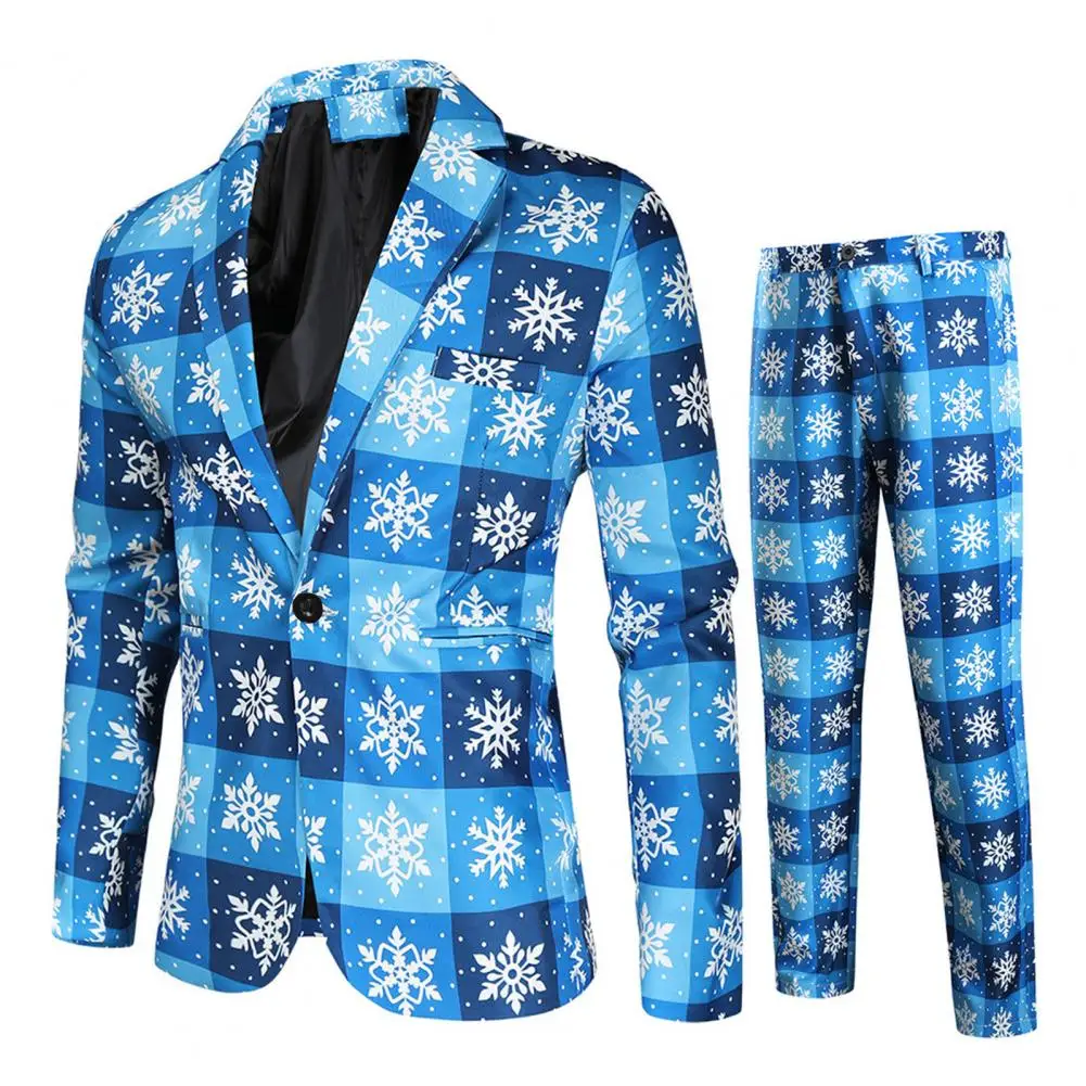 Effect Men Suit Stylish Men's New Year Party Suit Cartoon Santa Snowflake Print Plaid Pattern Color Matching Lapel Jacket