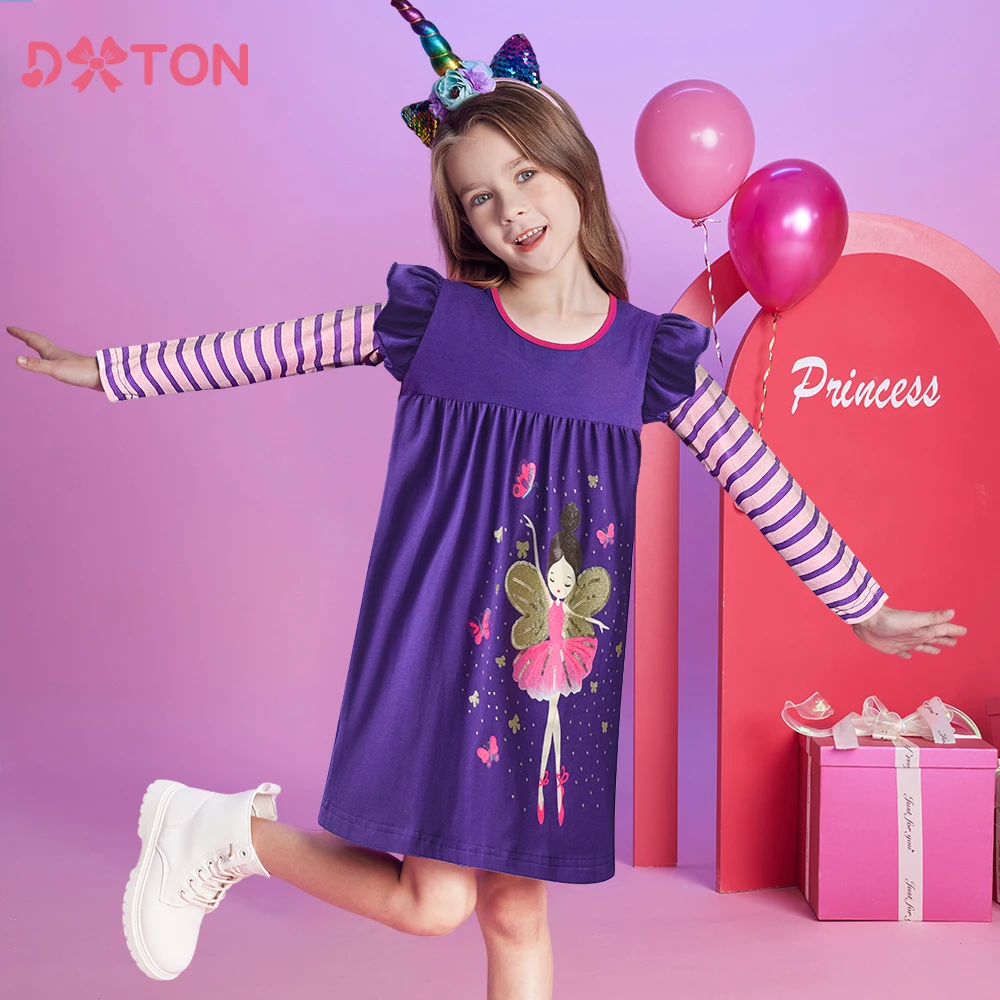 

DXTON Autumn Kids Dresses Cotton Toddler's Girls Clothing Ballet Dancer Butterfly Printed Striped Long Sleeves Children Dresses