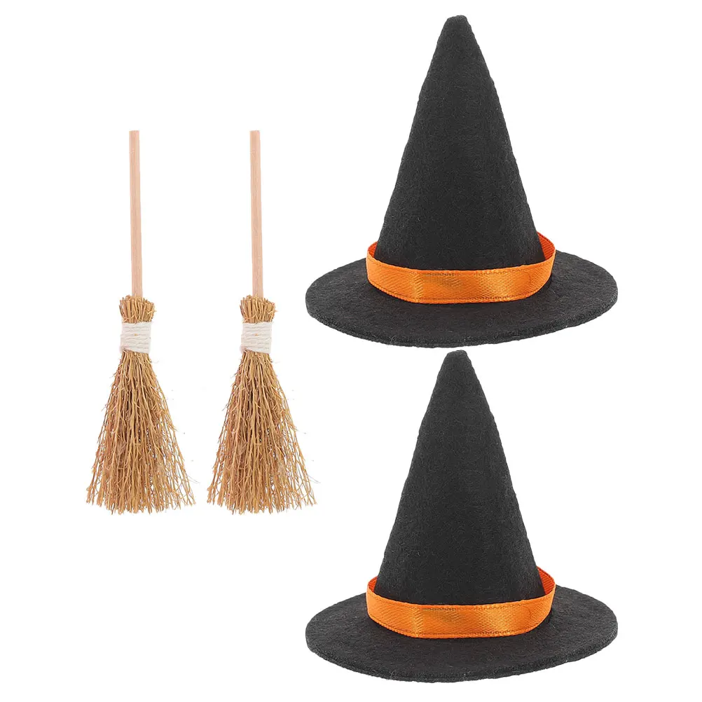 

2 Sets Witch Hat Small Broom Halloween Decorations Witches Straw Party Miscanthus Creepy