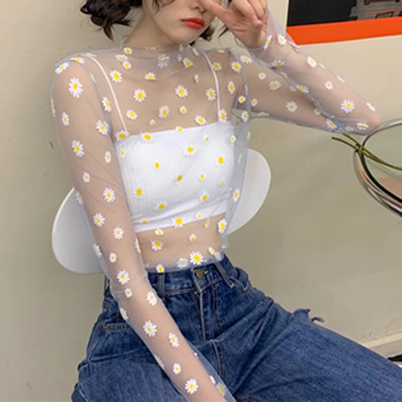 Summer Women Lace Daisy Printed Blouses Shirt Ladies Tops Sexy Mesh Blouses Transparent Elegant See-through Female White Shirt