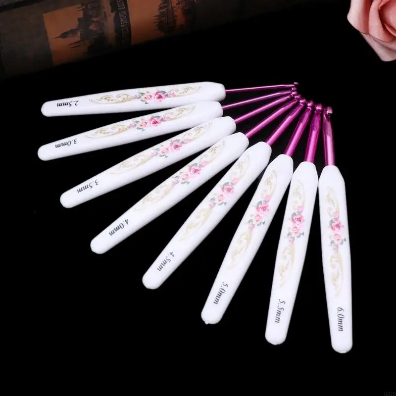 

H37D 8pcs Plastic Handle Floral Aluminium Crochet Hooks Knitting Needle Set Weaving