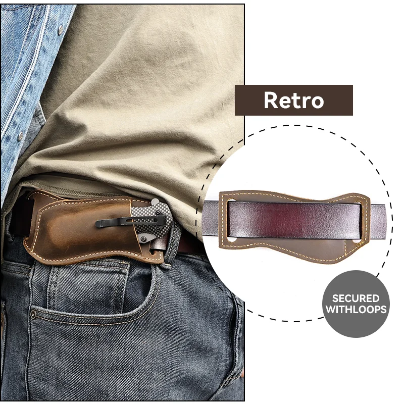 RIYAO-Vintage Damasco Faca Caso para Homens, couro genuíno, Folding Flick, bainha de bolso, Horizontal Cinto Titular, ao ar livre