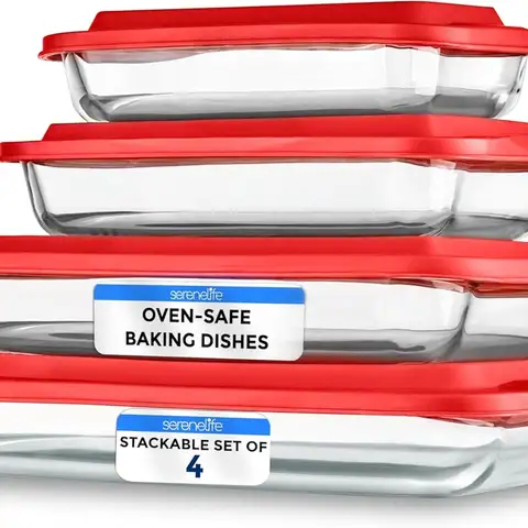 Juego de platos para hornear de vidrio de 8 piezas con tapas: 4 sartenes rectangulares aptos para horno para lasañas, carnes, postres - Apto para lavavajillas, rojo