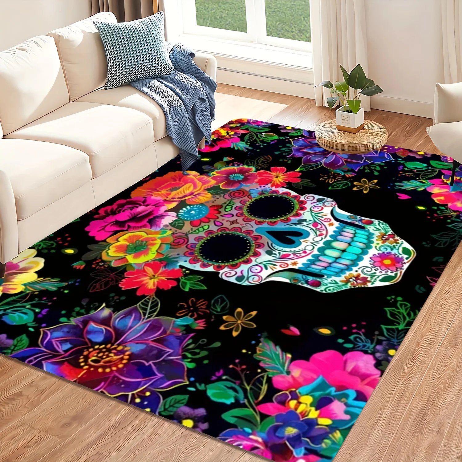 Vivid Colorful Sugar Skull Calavera Day of the Dead Floral Print Decorative Doormat Mat Rug Welcome Entrance Home Decor