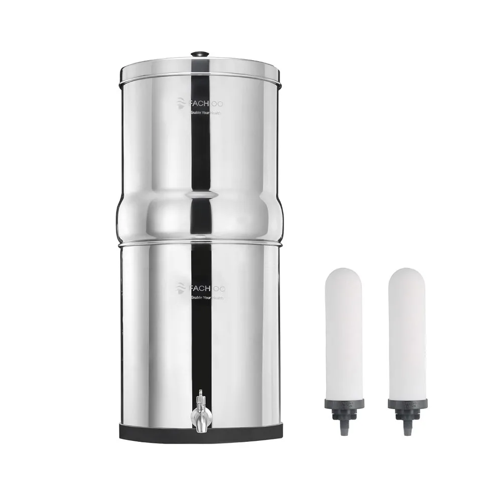 2.25 Gallon Stainless Steel Gravity-Fed Water Filter System with 2 White Ceramics Purification Washable Filter,