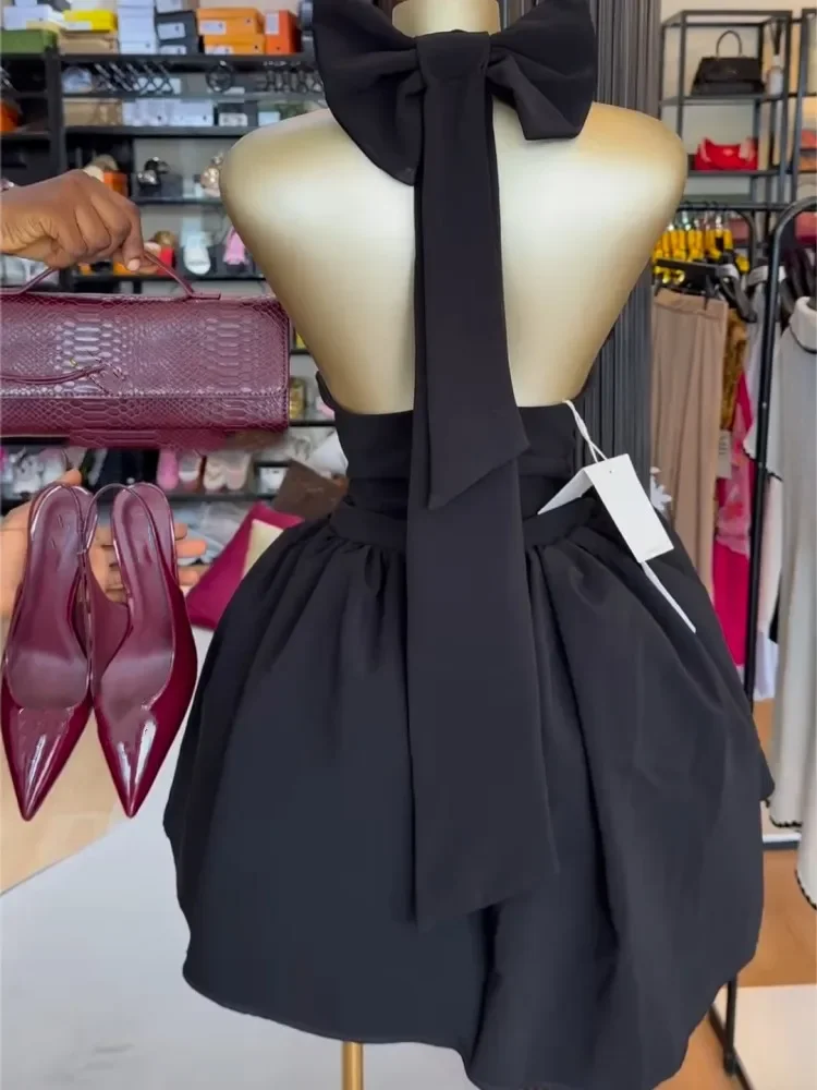 

2025 Summer Women's Elegant Pleated V-Neck Black Dress Sexy Halter Bow Backless Skinny Mini Dresses Party Clubwear S-XXL