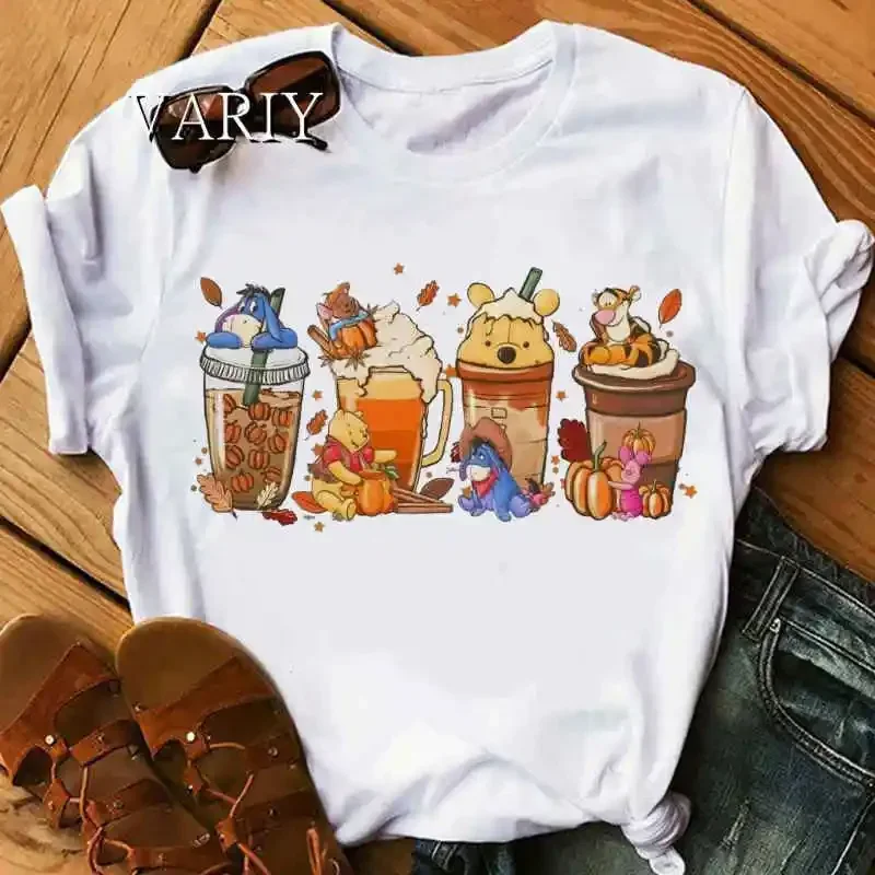 

Valentine's Day Coffee Shirt Mickey Mouse Short Sleeve Print T-shirt for Women Lilo Stitch Tshirt Female Winnie The Pooh T Shirt