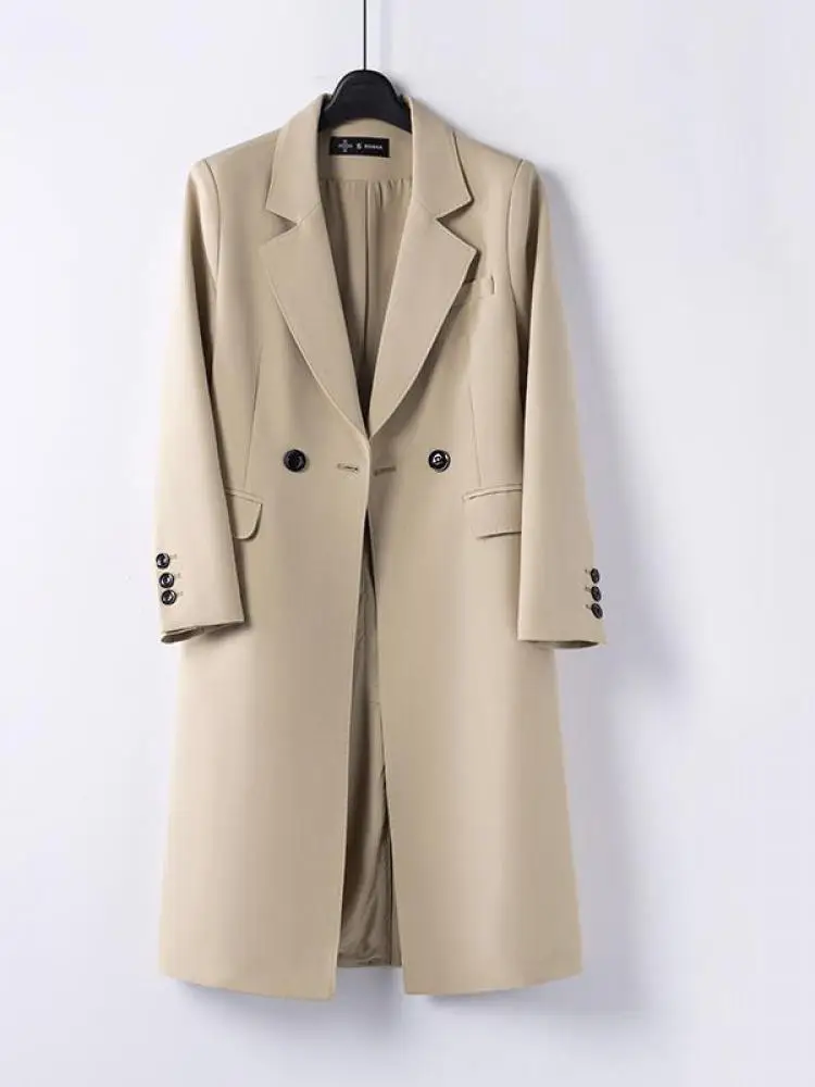 

Korean Version Women Black Double Breasted Blazer Trench Coat Autumn Winter Khaki Long Sleeve Elegant Festival Tops Streetwear
