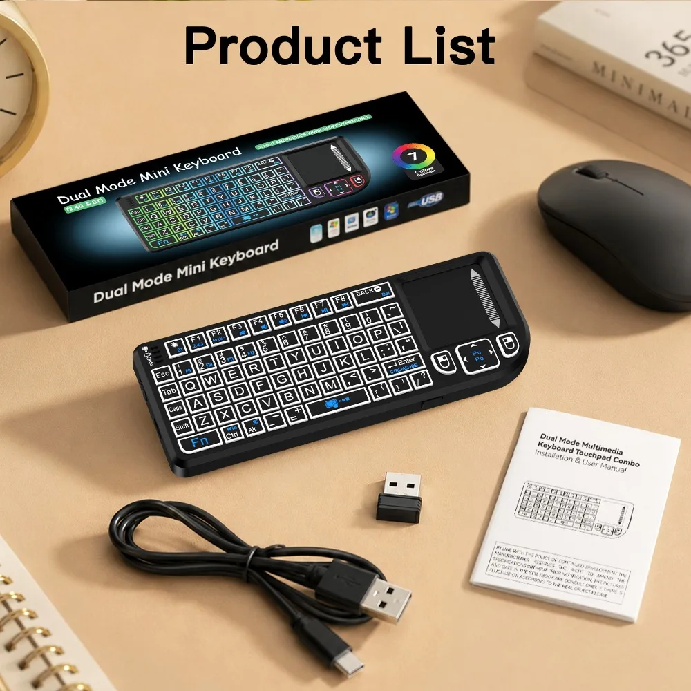 M15 Dual Mode Mini Wireless Keyboard Touchpad Bluetooth 5.0 2.4G 7 Color Backlit Rechargeable Laser Pointer for PC Smart TV HTPC